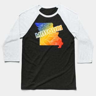 Colorful mandala art map of Missouri with text in blue, yellow, and red Baseball T-Shirt